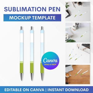 Puede incluir: Plantilla de maqueta de bolígrafo de sublimación con tres bolígrafos. Los bolígrafos tienen puntas plateadas, barriles blancos con secciones azules y verdes. La imagen incluye el texto "Sublimation Pen Mockup Template" y "Editable on Canva | Instant Download".