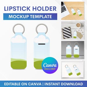 May include: Lipstick holder mockup template with a blue and white cloud design. The holder has a silver ring and a green base. The image includes the text "Lipstick Holder Mockup Template" and "Editable on Canva | Instant Download".