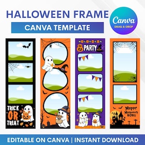 Puede incluir: Una plantilla de Canva con temática de Halloween con varios diseños de marcos. Los diseños incluyen fantasmas, murciélagos, arañas y calabazas. El texto incluye "Halloween Frame", "Canva Template", "Trick or Treat" y "Happy Halloween".