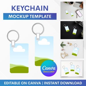 May include: A keychain mockup template with a blue and green landscape design. The text "KEYCHAIN MOCKUP TEMPLATE" is displayed in blue and white. The design includes the text "EDITABLE ON CANVA | INSTANT DOWNLOAD".