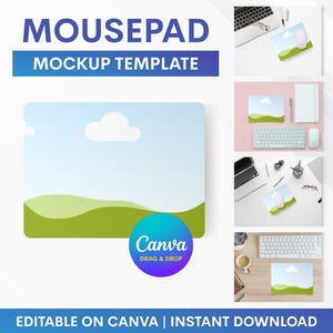 以下が含まれることがあります： 青い空、白い雲、緑の丘が特徴の風景デザインのマウスパッドモックアップテンプレート。「MOUSEPAD MOCKUP TEMPLATE」の文字が上部に表示されています。画像には「Canva DRAG & DROP」と「EDITABLE ON CANVA | INSTANT DOWNLOAD」の文字も含まれています。