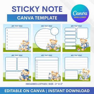 付箋Canvaテンプレート、DIY付箋テンプレートバンドル、かわいいクマの付箋：Canvaで編集可能