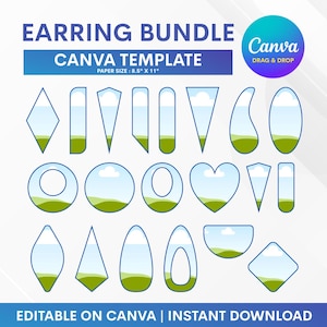 May include: An earring bundle Canva template with various earring shapes, including diamonds, teardrops, and circles. Each design features a landscape scene with blue skies and green hills. The text "EARRING BUNDLE" and "CANVA TEMPLATE" are displayed at the top.
