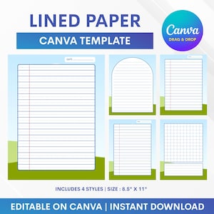 Pode incluir: Um modelo digital Canva com designs de papel pautado em quatro estilos distintos. O layout inclui uma folha retangular grande, uma folha arqueada, uma folha pautada padrão e uma folha quadriculada, medindo 21,59 cm por 27,94 cm.