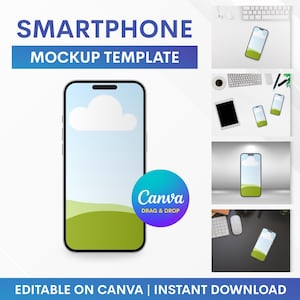 May include: Smartphone mockup template with a blue and white sky and green landscape design on the screen. The image includes the text "Smartphone Mockup Template" and "Canva Drag & Drop".