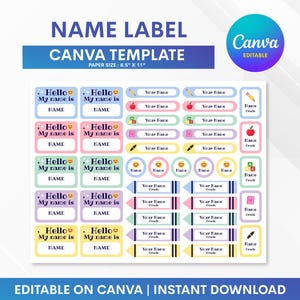 May include: A sheet of printable name labels with a Canva template design. The labels are in various pastel colours and shapes, with space for names, grade, and other information. The text "NAME LABEL" and "CANVA TEMPLATE" are at the top.