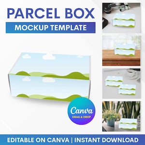 May include: A parcel box mockup template with a sky and landscape design. The box is white with a blue sky and green hills. The text "PARCEL BOX MOCKUP TEMPLATE" is at the top. The Canva logo is in the bottom right corner.