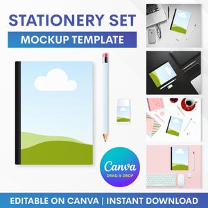 Può includere: Un modello di mockup di set di cancelleria con un taccuino, una matita e una gomma. Il taccuino presenta un design paesaggistico con cielo blu e colline verdi. L'immagine include il testo "STATIONERY SET MOCKUP TEMPLATE" e "EDITABLE ON CANVA | INSTANT DOWNLOAD".