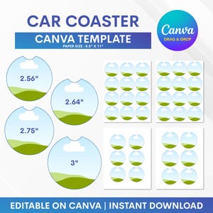 May include: Car coaster Canva template with a blue and white design. Includes four car coaster designs with measurements of 2.56", 2.64", 2.75", and 3". The paper size is 8.5" x 11". The Canva logo is visible.