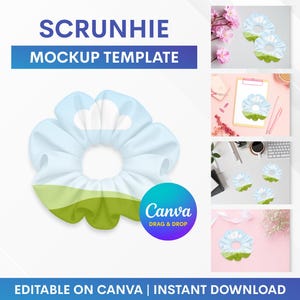 May include: A scrunchie mockup template with a sky and grass design. The image features the text "SCRUNCHIE MOCKUP TEMPLATE" and "EDITABLE ON CANVA | INSTANT DOWNLOAD". The Canva logo is also visible.