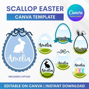 May include: Digital Easter design template with scalloped egg shapes, bunny and bow graphics. The design includes the text "Amelia" and is editable in Canva. The template includes 6 styles.