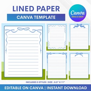 Puede incluir: Un conjunto de cinco plantillas de papel rayado para Canva con bordes decorativos de cintas y lazos azules. El texto dice LINED PAPER CANVA TEMPLATE, CANVA DRAG & DROP, INCLUDES 5 STYLES | SIZE : 8.5" X 11", y EDITABLE ON CANVA | INSTANT DOWNLOAD.