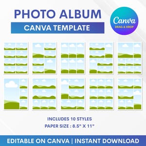 以下が含まれることがあります： 10種類のレイアウトスタイルを備えたデジタルフォトアルバムテンプレート。デザインには、緑の丘と青と白の空が含まれています。「PHOTO ALBUM CANVA TEMPLATE」と「用紙サイズ：21.6 cm x 27.9 cm」と書かれています。