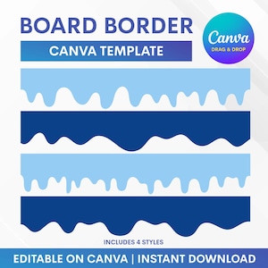 May include: A digital Canva template featuring four distinct board border designs with a blue color palette. The graphic includes text that reads BOARD BORDER, CANVA TEMPLATE, DRAG & DROP, INCLUDES 4 STYLES, and EDITABLE ON CANVA | INSTANT DOWNLOAD.