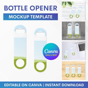 Pode incluir: Modelo de maquete de abridor de garrafas com um design azul claro e verde. O texto "Bottle Opener Mockup Template" est&aacute; no topo. O texto "Editable on Canva | Instant Download" est&aacute; na parte inferior. V&aacute;rios exemplos do abridor de garrafas s&atilde;o mostrados.