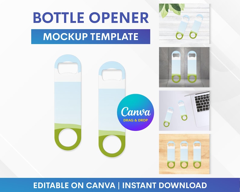 Pode incluir: Modelo de maquete de abridor de garrafas com um design azul claro e verde. O texto "Bottle Opener Mockup Template" est&aacute; no topo. O texto "Editable on Canva | Instant Download" est&aacute; na parte inferior. V&aacute;rios exemplos do abridor de garrafas s&atilde;o mostrados.