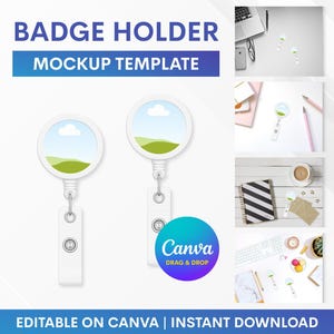 Könnte beinhalten: Eine Mockup-Vorlage für Ausweishalter. Das Bild zeigt zwei weiße Ausweishalter mit einem einziehbaren Kordelzug und einem transparenten kreisförmigen Bereich für ein Design. Der Text lautet "BADGE HOLDER MOCKUP TEMPLATE" und "EDITABLE ON CANVA | INSTANT DOWNLOAD".