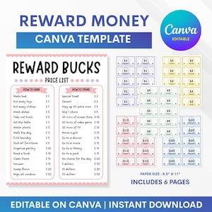 May include: A printable reward money Canva template with a price list for chores and rewards. Includes various denominations of reward bucks, and a Canva logo. The paper size is 8.5" x 11" and includes 6 pages.