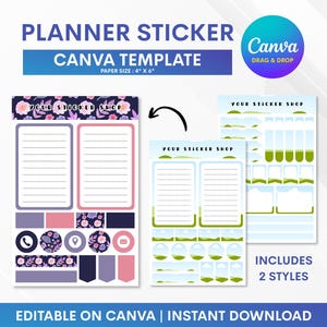 May include: A planner sticker Canva template with two styles, paper size 10.16 cm x 15.24 cm. The design includes stickers with floral patterns, note sections, and icons. The text includes "Planner Sticker", "Canva Template", and "Your Sticker Shop".