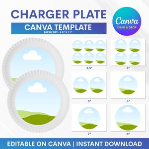 Pode incluir: Um modelo digital para pratos de carregamento, com o texto "CHARGER PLATE CANVA TEMPLATE". O design inclui dois pratos brancos com uma imagem do céu e da paisagem, e exemplos de designs circulares em vários tamanhos, de 8,9 cm a 20,3 cm.