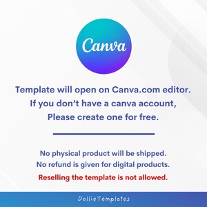 Pode incluir: An&uacute;ncio de um modelo digital com o logotipo Canva num c&iacute;rculo azul-petr&oacute;leo e roxo. O texto indica que o modelo abre no Canva e que os utilizadores devem criar uma conta gratuita se n&atilde;o tiverem uma. Na parte inferior da imagem est&aacute; escrito "DollieTemplates".