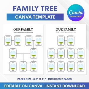 May include: A family tree Canva template with a blue and white design. The template includes two pages with spaces for family members' names and photos. The paper size is 8.5" x 11". The design includes the text "Family Tree Canva Template", "Our Family", and "Editable on Canva | Instant Download".