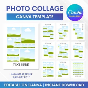 May include: A digital photo collage Canva template featuring ten distinct layout styles on 8.5 inch by 11 inch pages. Each layout includes placeholders for images with a landscape graphic of green hills and blue skies, plus text areas labeled TEXT HERE.