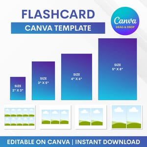 May include: A digital flashcard Canva template featuring four vertical rectangles with blue to purple gradients, labeled with sizes 2" x 3", 3" x 5", 4" x 6", and 5" x 8". Below are four grid layouts showing multiple cards with a landscape illustration.