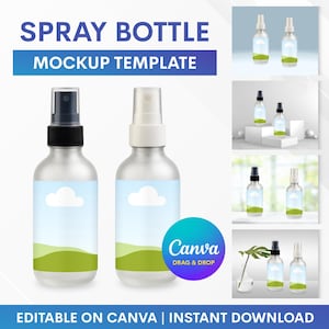 May include: A mockup template showing two spray bottles with silver bodies and black and white spray nozzles. Each bottle has a label with a blue sky, white cloud, and green grass design. The text "SPRAY BOTTLE MOCKUP TEMPLATE" is at the top.