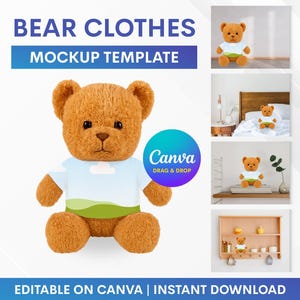 May include: A brown teddy bear wearing a white t-shirt with a green and blue landscape design. The image is a mockup template with the text "BEAR CLOTHES MOCKUP TEMPLATE" and "EDITABLE ON CANVA | INSTANT DOWNLOAD".