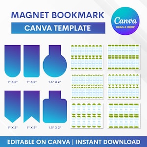 以下が含まれることがあります： マグネットブックマークのデジタルデザインテンプレート。青色のグラデーションで様々なブックマークの形が表示され、サイズは2.54cm x 5.08cmと3.81cm x 5.08cmです。デザインにはパターン要素と「MAGNET BOOKMARK CANVA TEMPLATE」のテキストが含まれています。