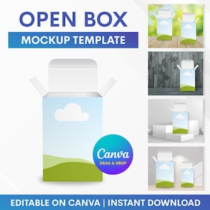 Maqueta de caja, maqueta de caja en Canva, plantilla de maqueta de caja, maqueta de caja 3D en Canva, maqueta de caja abierta, maqueta de Canva, maqueta de caja de arrastrar y soltar