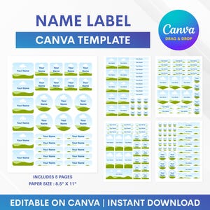 以下が含まれることがあります： 名前ラベル用のCanvaテンプレート。風景グラフィックを使用したさまざまなラベルデザインが特徴です。ラベルは正方形や円形など、さまざまな形状をしています。画像には「NAME LABEL CANVA TEMPLATE」と「EDITABLE ON CANVA | INSTANT DOWNLOAD」というテキストが含まれています。用紙サイズ：21.59 cm x 27.94 cm。