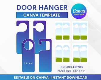 May include: A digital door hanger template with a gradient blue design. The template includes 4 styles and is 3.5" x 9". The paper size is 8.5" x 11". The text reads "DOOR HANGER CANVA TEMPLATE" and "EDITABLE ON CANVA | INSTANT DOWNLOAD".