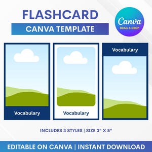 Könnte beinhalten: Eine digitale Canva-Vorlage für Karteikarten. Das Design zeigt drei Kartenstile mit blauem Himmel, weißer Wolke und grüner Landschaft. Der Text enthält "FLASHCARD CANVA TEMPLATE", "Vocabulary" und "EDITABLE ON CANVA | INSTANT DOWNLOAD". Die Karten sind 7,6 cm x 12,7 cm groß.