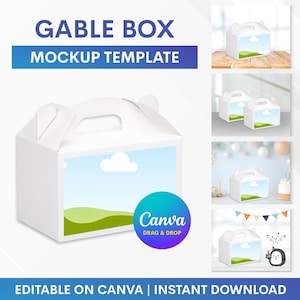 May include: A white gable box mockup template with a handle, featuring a landscape image. The design includes text that reads "GABLE BOX MOCKUP TEMPLATE" and "Canva Drag & Drop". Additional text states "EDITABLE ON CANVA | INSTANT DOWNLOAD".
