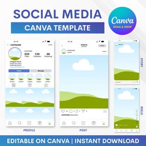 Può includere: Un modello digitale per i social media, con mockup di profili, post, storie e reel di Instagram. Il design include il testo "SOCIAL MEDIA CANVA TEMPLATE" e "EDITABLE ON CANVA | INSTANT DOWNLOAD". È presente anche un logo Canva.