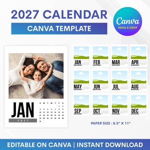 Puede incluir: Una plantilla de calendario 2027 para Canva que presenta una cuadrícula de doce páginas mensuales con marcadores de posición para fotos. El diseño incluye una página grande de enero con una foto familiar y un calendario. Tamaño 21,59 cm x 27,94 cm.