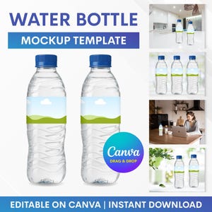 Puede incluir: Plantilla de maqueta de botella de agua con dos botellas de plástico transparente con tapas azules. Cada botella tiene una etiqueta con un diseño de paisaje. La imagen incluye el texto "WATER BOTTLE MOCKUP TEMPLATE" y "EDITABLE ON CANVA | INSTANT DOWNLOAD".