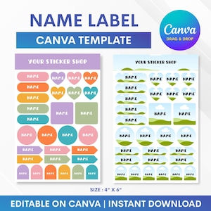 Puede incluir: Una plantilla de Canva para etiquetas de nombre, con varias formas y colores. El diseño incluye etiquetas en forma de corazones, círculos y rectángulos. El tamaño es de 10,16 cm x 15,24 cm. El texto en las etiquetas dice "NAME".