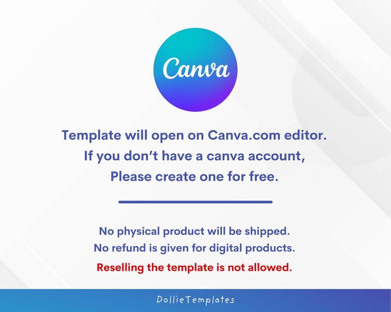 May include: A digital template advertisement with the Canva logo in a teal and purple circle. Text states the template opens in Canva, and users should create a free account if they don't have one. The bottom of the image states "DollieTemplates".