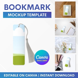 May include: Bookmark mockup template with a sky and cloud design, a gray tassel, and the text "BOOKMARK MOCKUP TEMPLATE". The image also includes the text "EDITABLE ON CANVA | INSTANT DOWNLOAD" and the Canva logo.