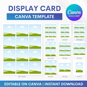 Puede incluir: Una plantilla de tarjeta de visualización de Canva con varios tamaños, incluyendo 6,35 cm x 6,35 cm, 6,35 cm x 7,62 cm, 7,62 cm x 7,62 cm, 8,89 cm x 7,62 cm, 8,89 cm x 12,7 cm, 10,16 cm x 7,62 cm, 10,16 cm x 10,16 cm, 10,16 cm x 12,7 cm, 10,16 cm x 15,24 cm y 12,7 cm x 17,78 cm. El diseño presenta un cielo azul y un paisaje verde.