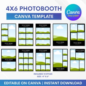 May include: A digital template for a 4x6 photo booth, featuring ten distinct styles. Each design includes space for text and images, with a landscape and sky background. The template is editable on Canva and available for instant download.
