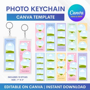 Puede incluir: Una plantilla digital de Canva para llavero con foto que mide 2,54 cm por 7,62 cm. El conjunto incluye 10 estilos diferentes con fondos pastel, marcos de fotos en forma de corazón y nube, y marcadores de posición de texto con la etiqueta Text Here.
