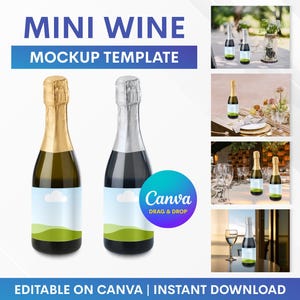 Op de afbeelding: Mini wijn mockup template met twee mini champagneflessen, één met een gouden folie top en de andere met een zilveren folie top. Elke fles heeft een wit etiket met een blauwe lucht en groen heuvel ontwerp. De tekst "Mini Wine Mockup Template" is inbegrepen.