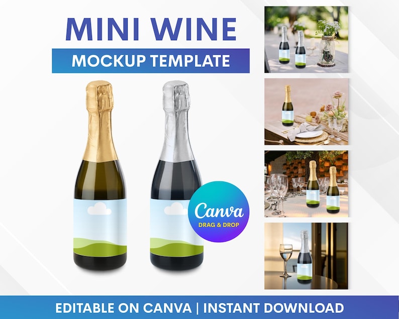 May include: Mini wine mockup template featuring two mini champagne bottles, one with a gold foil top and the other with a silver foil top. Each bottle has a white label with a blue sky and green hill design. The image includes the text "Mini Wine Mockup Template".