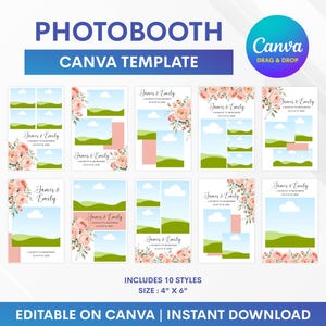 Op de afbeelding: Een set van tien 4 bij 6 inch fotobooth-sjablonen voor Canva met bloemaccenten, groene heuvels en blauwe luchtafbeeldingen. De tekst luidt PHOTOBOOTH CANVA TEMPLATE, CANVA DRAG & DROP, James & Emily, A MOMENT TO REMEMBER, AUGUST 18, 2020.