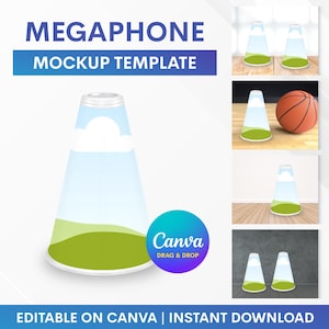 Puede incluir: Plantilla de maqueta digital para un megáfono, con un diseño transparente con elementos de cielo azul y hierba verde. La imagen incluye el texto "Megaphone Mockup Template" y "Editable on Canva | Instant Download".