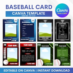 May include: Baseball card Canva template with a blue and white design. The template includes space for player name, team name, and other details. The card size is 6.35cm x 8.89cm. The design includes baseballs and a Canva logo.